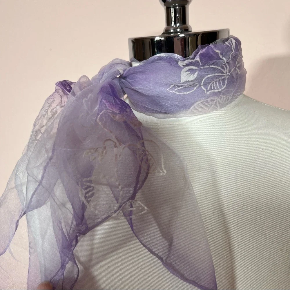 Vintage 1960 70’ semi sheer purple white flocked cottagecore floral Scarf